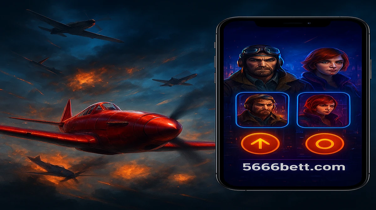 5666bet-এ Aviator গেমটির প্রচারণামূলক ছবিটি, যেখানে লাল প্রপেলার বিমান বিস্ফোরণময় দৃশ্যের ওপর দিয়ে উড়ছে, এবং ডান পাশে মোবাইল গেম ইন্টারফেসটি দৃশ্যমান রয়েছে।
