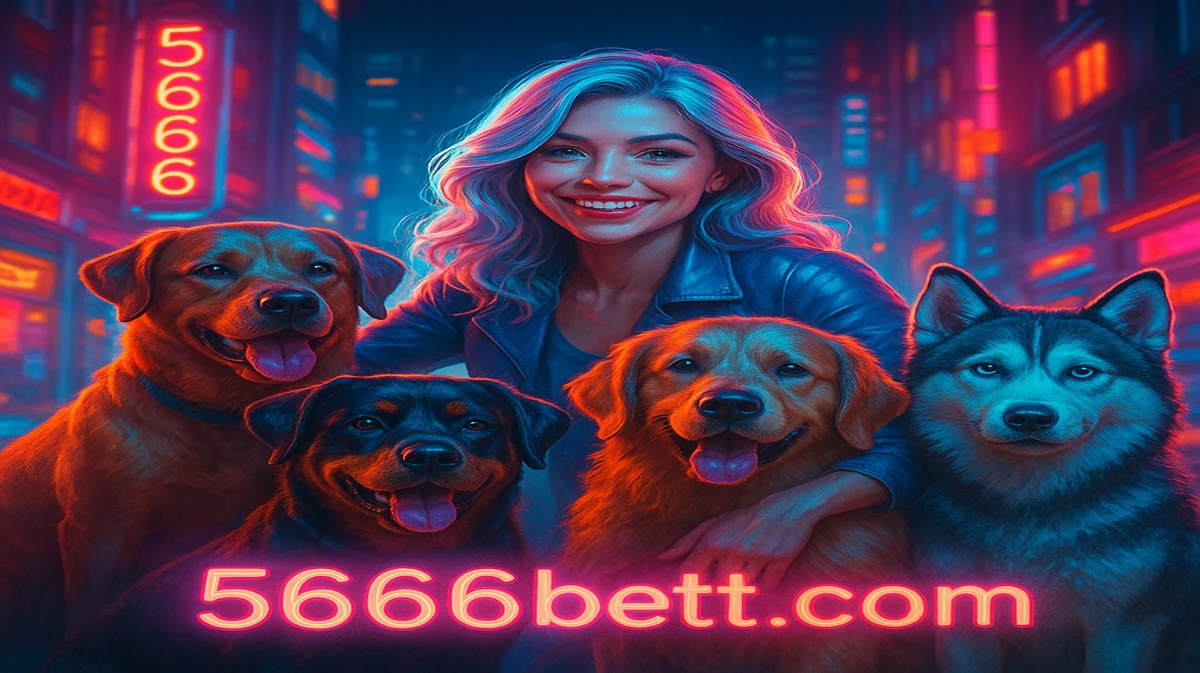 5666bet-এ The House Megaway–র প্রচারণামূলক আর্ট, বাংলাদেশের একটি রাতের শহরে সাদা চুলের এক নারীর চারপাশে কয়েকটি বড়, কঠোর-চোখের কুকুর দাঁড়িয়ে আছে।