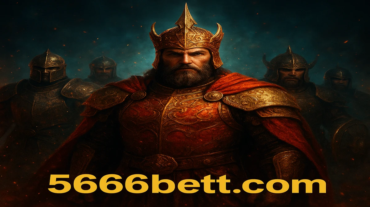5666bet প্ল্যাটফর্মে একটি কল্পগল্পীয় গেমের শক্তিশালী এশীয় যোদ্ধাদের একটি দল, যার নেতৃত্ব দিচ্ছেন লাল ও সোনালি অলংকারে পরিপূর্ণ এক রাজা, তারা যুদ্ধে প্রস্তুত।
