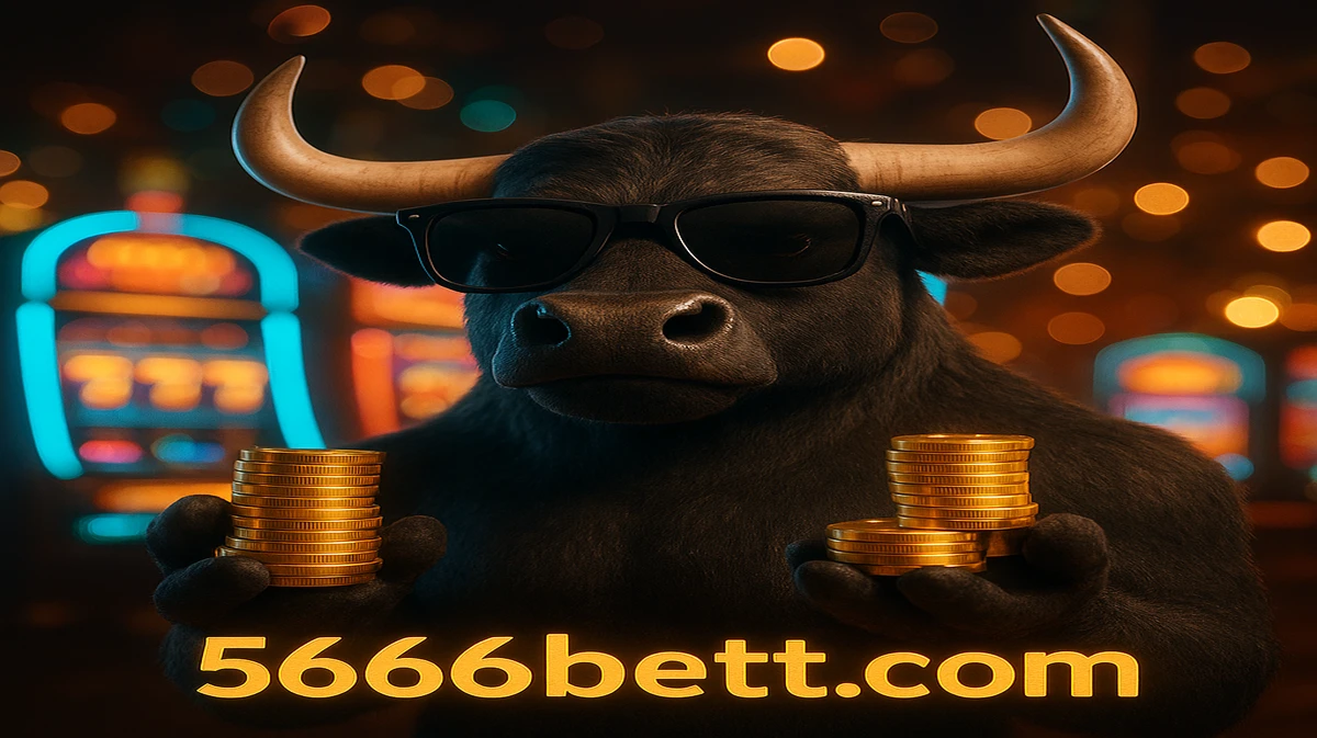 5666bet-এ ফরচুন অক্স গেমটির শক্তিশালী প্রতীক, সানগ্লাস পরা একটি চমৎকার ষাড়, উজ্জ্বল গেমিং প্ল্যাটফর্ম-পরিবেশে সোনার মুদ্রার স্তূপ ধরেছে।